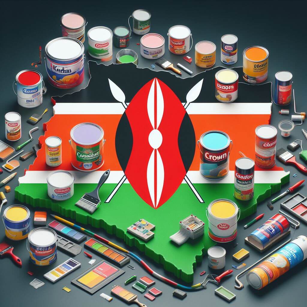 Paint brands in Kenya with a Kenyan flag or map for context, including popular brands like Crown Paints and Sadolin